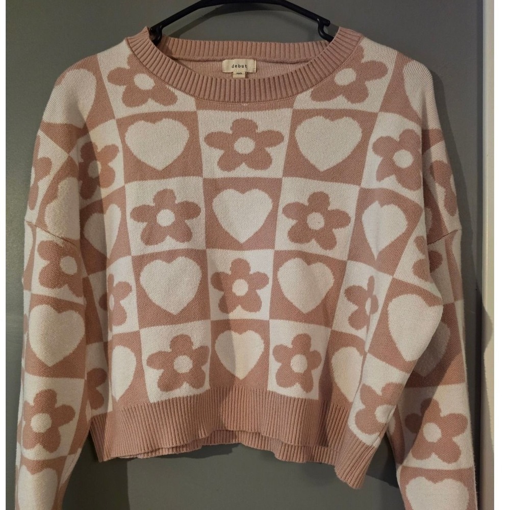 Debut Pink Checkered Heart Flower Cropped Sweater Small Y2K Retro Knit Pullover